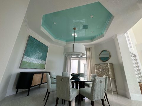 Blue glossy finish on a residential ceiling