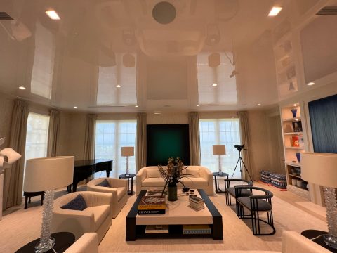 A modern residential living room ceiling painted with high gloss paint
