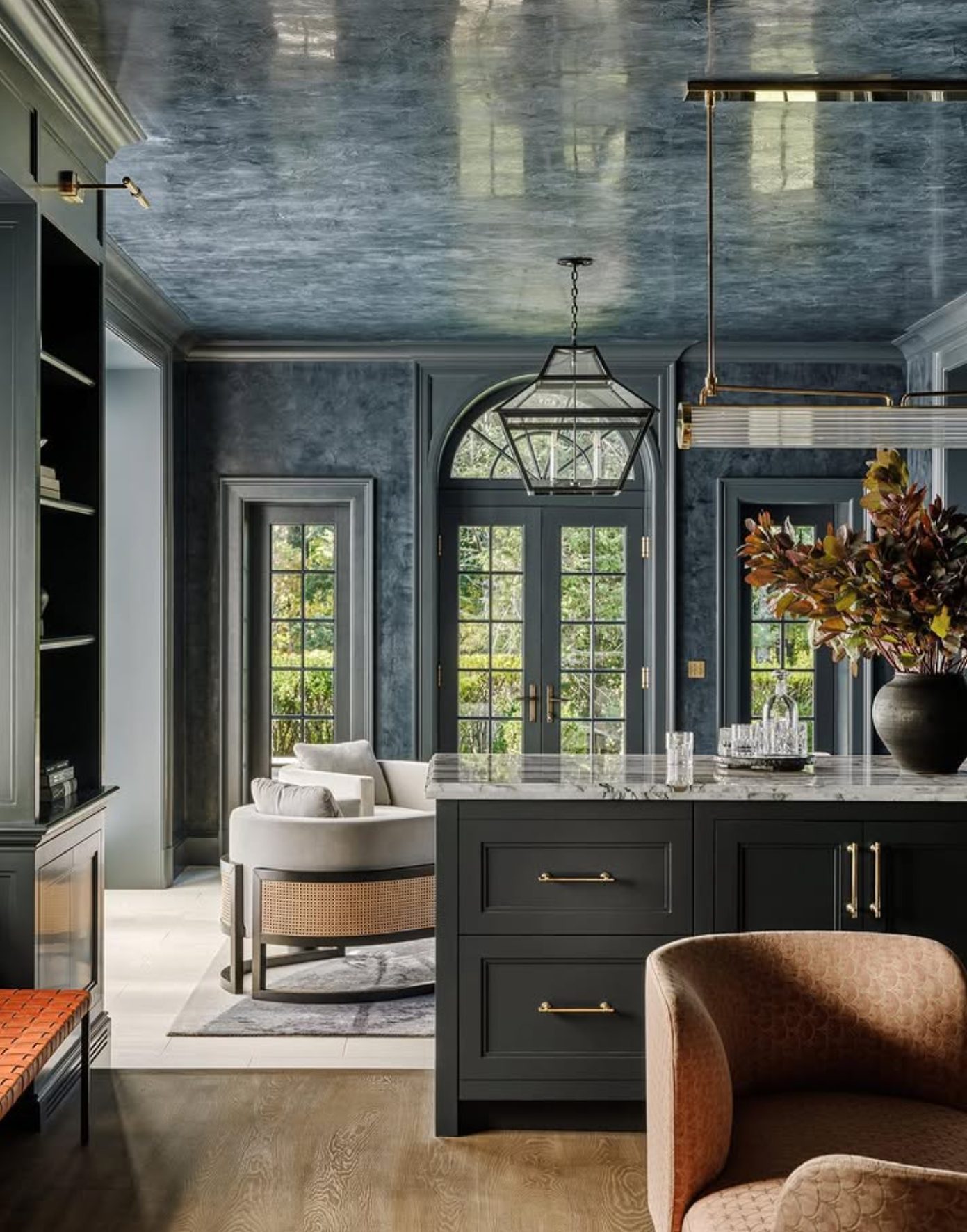 Residential glossy painted walls and ceiling in a living room dark green 